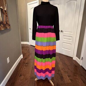 VTG Park East By Swirl Womens Size 14 Maxi Dress Black Top Rainbow Stripe Skirt